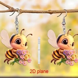 Cute Yellow Bee Holding Flowers Earrings